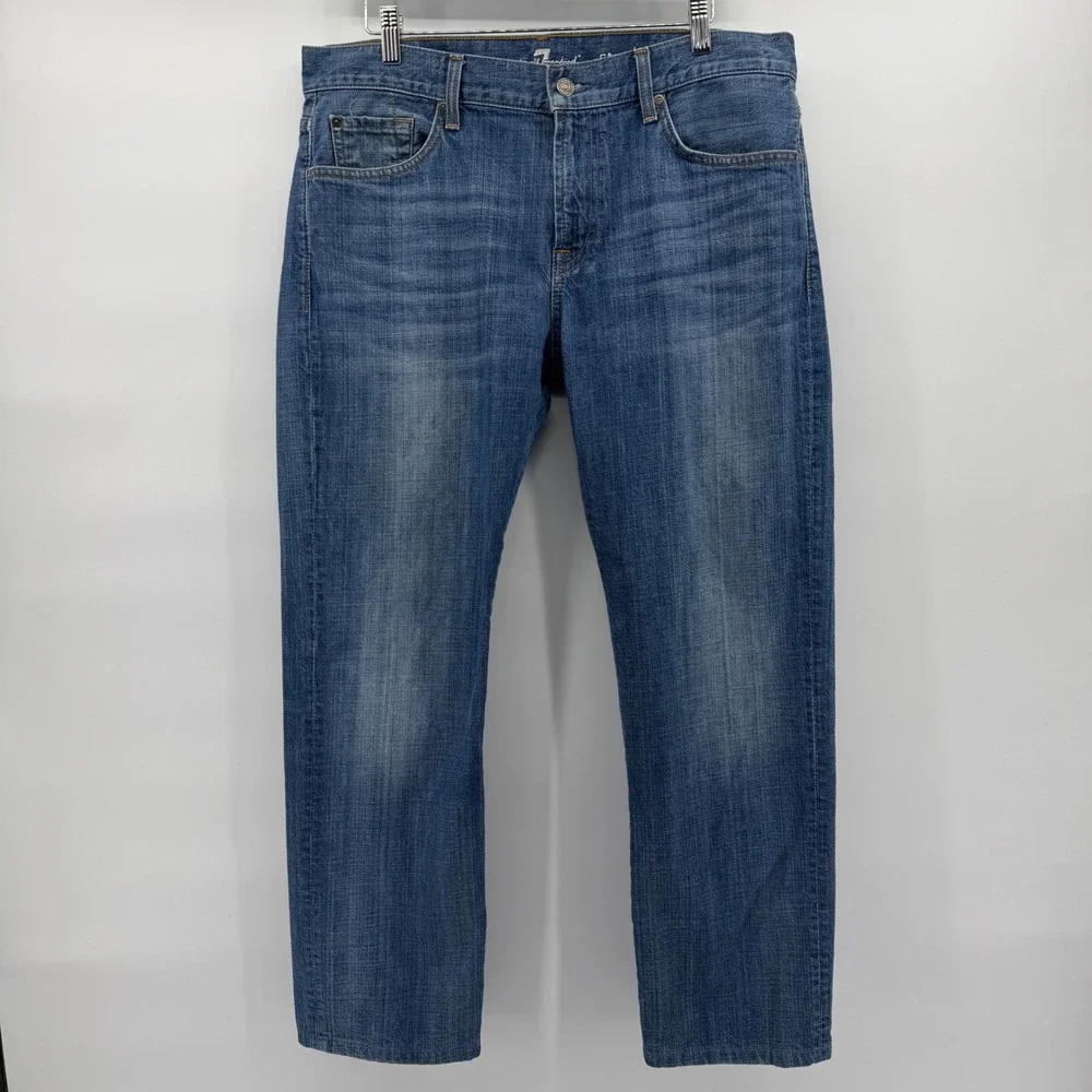 7 For All Mankind Standard Jeans Mens 34x29 Blue Straight Leg Whiskered Denim